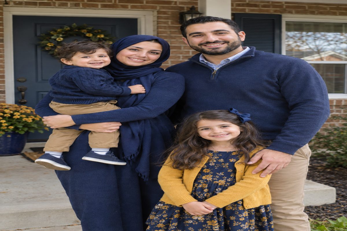 Young family smiling on the porch of their home
