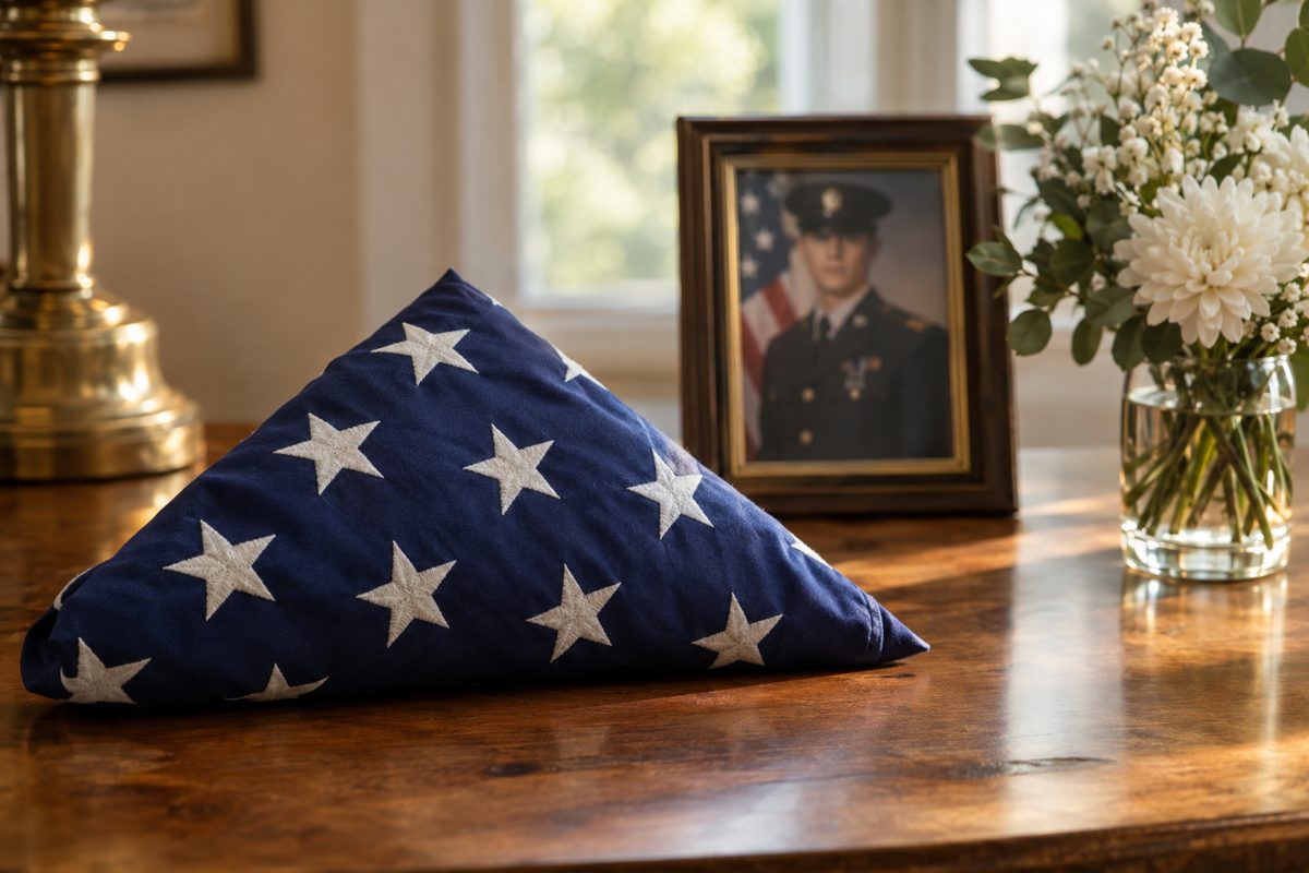 Folded American flag beside a framed military photo